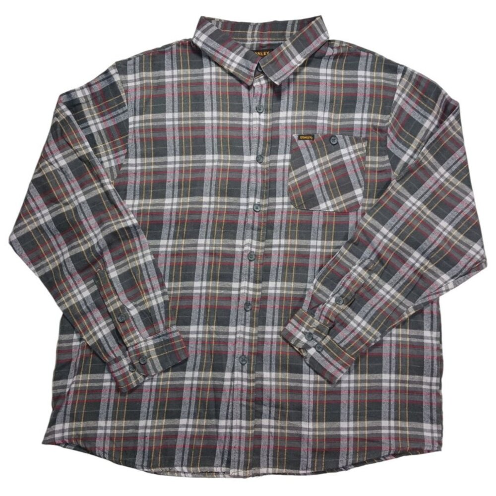 STANLEY Flannel Work Shirt Mens 2XL Gray Red Gold Plaid Button Up Soft
